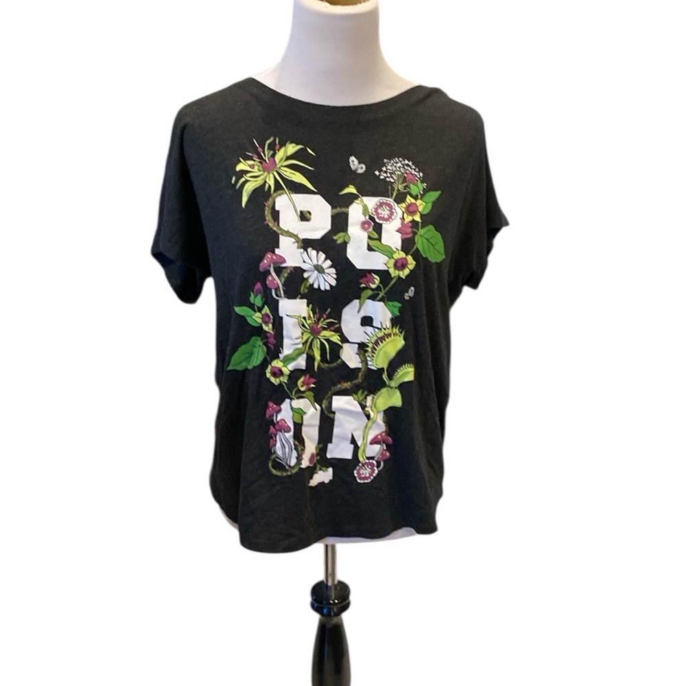 Black Floral “Poison” Tee with Cap Sleeves